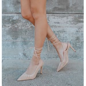 Lulu’s nude lace-up mesh heels